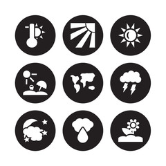 9 vector icon set : Temperature, Sunshine, Starry night, Stormy, subtropical climate, Sunny, Summer, Sprinkle weather isolated on black background