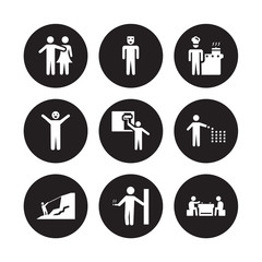 9 vector icon set : Couple Huging, Cosplaying, Climbing, Collecting, Coloring, Cooking, Comic, Cigarette isolated on black background