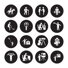 16 vector icon set : Horse riding, Easel, Eating, Exercising, Failure, Drawing, Golf playing, flying a kite, Game playing isolated on black background