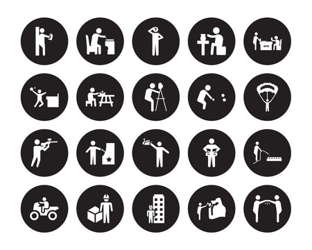 20 vector icon set : Reading, Mineral collecting, Model building, Modeling, Motorcycle riding, Playing Lotto, Petanque, Origami, Paintball, Picnic, Questioning isolated on black background