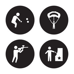 4 vector icon set : Petanque, Paintball, Parachuting, Pachinko isolated on black background