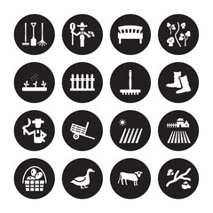 16 vector icon set : Gardening tools, Cow, Duck, Egg, Farm, Cotton, Fertilizer, farmer, farming Fork isolated on black background