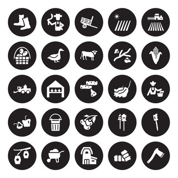 25 vector icon set : farmer Boots, Bale, Barn, Barrow, Beehive, Corn, Caterpillar, berry, Capsicum, Egg, farm Trailer, isolated on black background.