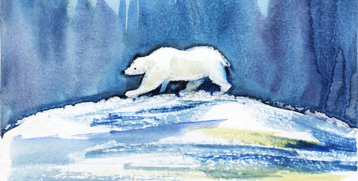 A polar bear walks across the globe against the backdrop of the northern lights. Hand-drawn watercolor illustration