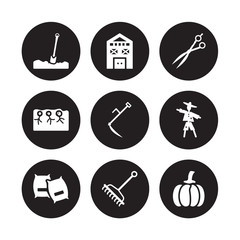 9 vector icon set : Shovel, Shed, Sack, Scarecrow, Scythe, Shears, Seed, Rake isolated on black background