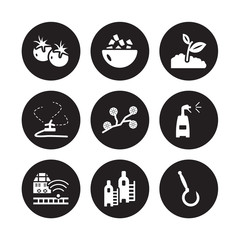 9 vector icon set : Tomato, Sugar, Smart farm, Sprayer, Spring Flower, sprout, Sprinkler, Silo isolated on black background