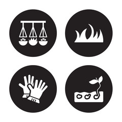 4 vector icon set : Hanging pot, Gloves, Grass, Germination isolated on black background