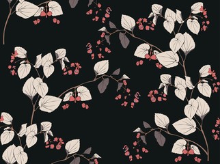 Branches of begonia with flowers and leaves on a black background. Vector seamless pattern