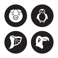 4 vector icon set : Pig, Pelican, Penguin, Parrot isolated on black background