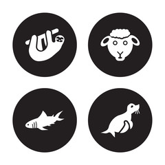 4 vector icon set : Sloth, Shark, Sheep, Seal isolated on black background