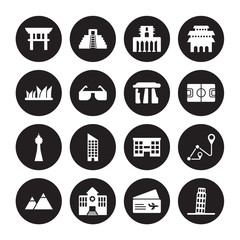 16 vector icon set : Torii gate, Plane ticket, Police station, Pyramids, Route, Pisa, Sydney opera house, Space needle, Stonehenge isolated on black background