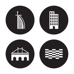 4 vector icon set : Burj al arab, Bridge, Building, Brickwall isolated on black background