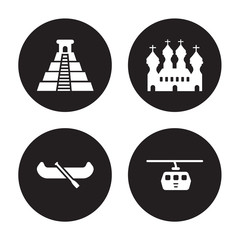 4 vector icon set : Chichen Itza, Canoe, Cathedral of saint basil, Cable car isolated on black background