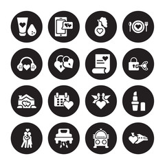 16 vector icon set : Makeup, Jukebox, Just married, Kiss, Lipstick, Honeymoon, love Music, House, Love letter isolated on black background