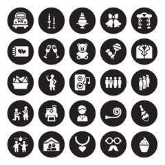 25 vector icon set : Wedding car, Mustache, Necklace, Newlyweds, Party, Suit, Relationship, Pastor, Proposal, wedding Album, cake, Candle isolated on black background.
