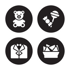 4 vector icon set : Teddy bear, Suit, Sweet, Snack isolated on black background