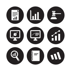 9 vector icon set : Bar Stats, chart, Analysis, analytic Visualization, Analytics, Auction, Analytics Monitor, Agenda isolated on black background