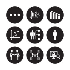 9 vector icon set : Dot, Dollar analysis bars, Deal, Debt, Department Head, Diagram, Depleting chart, Database Interconnected isolated on black background