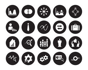20 vector icon set : Wave chart, Search Analytics, Service, Setting flow interface, Sine Waves Analysis, Users interconnected, Synchronization, Statistics, Stock market isolated on black background