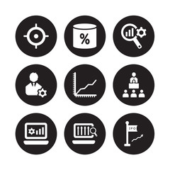 Fototapeta premium 9 vector icon set : Mission, Merge charts, Laptop with Analysis, Leadership, Line chart, market Research, Management, Profits Graphics isolated on black background