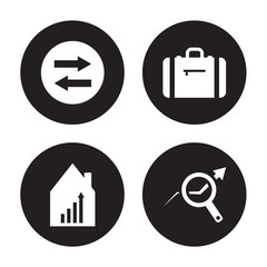 4 vector icon set : Synchronization, Stock market, Suitcase, data analysis isolated on black background