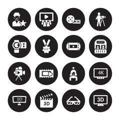 16 vector icon set : cinema celebrity, 3d glasses, 3D Movie, Television, 4k, 3 dimension screen, camera lens, Author, Buy Tickets Online isolated on black background
