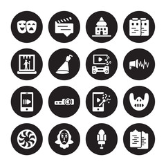 16 vector icon set : Theatre, Seat, Shakespeare, Shutter, Silence, Scenario, Stage, slow motion, soundtrack isolated on black background
