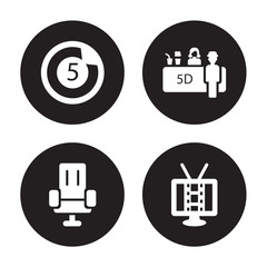4 vector icon set : Countdown, Cinema seats, Snack Bar, cinema screen isolated on black background