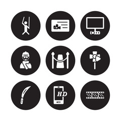 9 vector icon set : Puppet, Prompt box, machete, Play, Premiere, Projector Screen, producer, Online movie isolated on black background