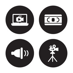 4 vector icon set : Video, Ventriloquist, Vhs, Tripod isolated on black background