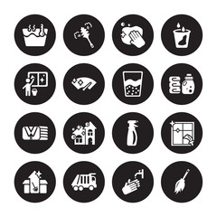 16 vector icon set : Hot water, Hand wash, Garbage truck, Cleaning House, Window, Duster, Window cleaner, Clothes Cleaning, Emulsion isolated on black background