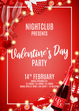 Happy Valentine's Day party flyer. Vector illustration with top view on realistic bottle of champagne, gift boxes, glasses of champagne, red serpentine and confetti. Invitation to nightclub.