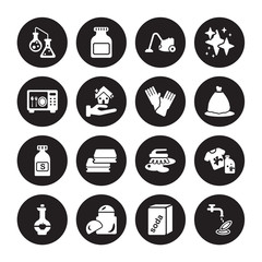 16 vector icon set : Chemical Reaction, baking soda, deodorizer, vinegar, stain remover, Washing dishes, sterilization, Solvent, sanitize isolated on black background