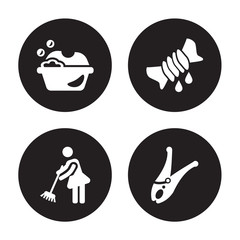 4 vector icon set : Washing clothes, Sweeping, Squeeze, Clothes peg isolated on black background