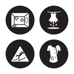 4 vector icon set : Clean Room, Slippery, Soak, Cleaner Uniform isolated on black background