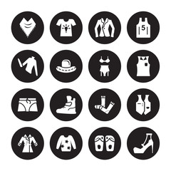 Fototapeta premium 16 vector icon set : Shawl, Sandals, Sweatshirt, Trench Coat, Waistcoat, High heel, Turtleneck, Boxers, Lingerie isolated on black background