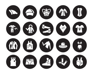 20 vector icon set : Beanie, Sock, Sneaker, Boxers, Sleeveless Shirt, Corset, Shawl, Turtleneck, Blazer, Parka, Bag isolated on black background
