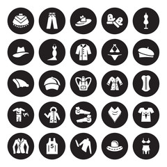 25 vector icon set : Poncho, Bowler hat, Turtleneck, Basketball jersey, Blazer, Beret, Housecoat, Soccer shoe, Pijama, Hat, Pamela, Pants isolated on black background.