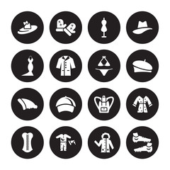 16 vector icon set : Pamela, Parka, Pijama, Corset, Housecoat, Soccer shoe, Dress, Beanie, Bikini isolated on black background