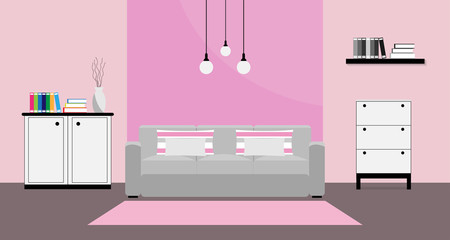 Flat design of pink living room interior with sofa, pillows, lamp, book and carpet, vector illustration