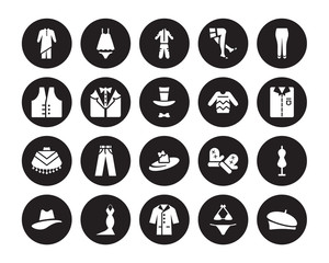 20 vector icon set : Kurta, Bikini, Coat, Dress, Hat, briefs, Sweater, Pamela, Poncho, Tuxedo, tracksuit isolated on black background