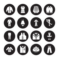 16 vector icon set : windbreaker, Poncho, Shirt, Sweater, Top hat, Pants, Kurta, briefs, tracksuit isolated on black background