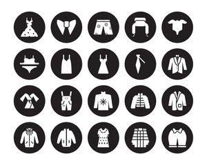20 vector icon set : vintage dress, Kilt, Kaftan, windbreaker, jogging jacket, Baby Grow, Cravat, Fleece, Dressing Gown, Camisole, swim shorts isolated on black background