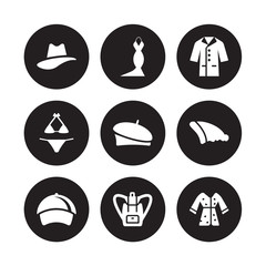 9 vector icon set : Hat, Dress, Baseball cap, Beanie, Beret, Coat, Bikini, Bag isolated on black background
