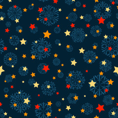 blue snowflakes and orange red yellow stars on blue winter background. vector seamless pattern. holiday backdrop. textile paint. repetitive background. fabric swatch. wrapping paper