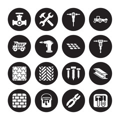 16 vector icon set : Gas pipe, Plier, Paint bucket, Birck Wall, Beam, Toolbox, Dumper, Paving, Tiles isolated on black background