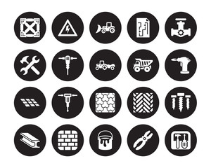 20 vector icon set : Joist, Plier, Paint bucket, Birck Wall, Beam, Gas pipe, Dumper, Paving, Tiles, Jackhammer, Loader isolated on black background