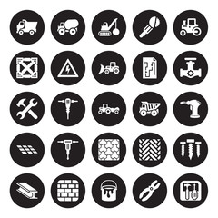 25 vector icon set : Tipper, Plier, Paint bucket, Birck Wall, Beam, Gas pipe, Dumper, Paving, Tiles, Joist, Demolition, Concrete isolated on black background.