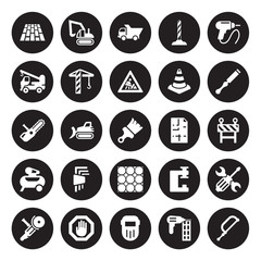 25 vector icon set : Floor, Nail gun, Welding, Stopping, Angle grinder, Chisel, print, Paver, Air compressor, Crane truck, Dump Excavator isolated on black background.