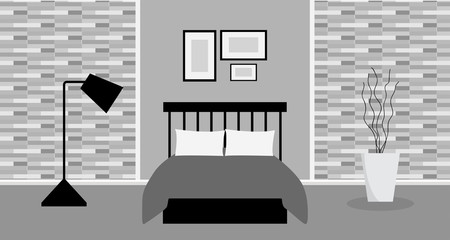 Interior design modern of loft bedroom with furniture, Vector illustration